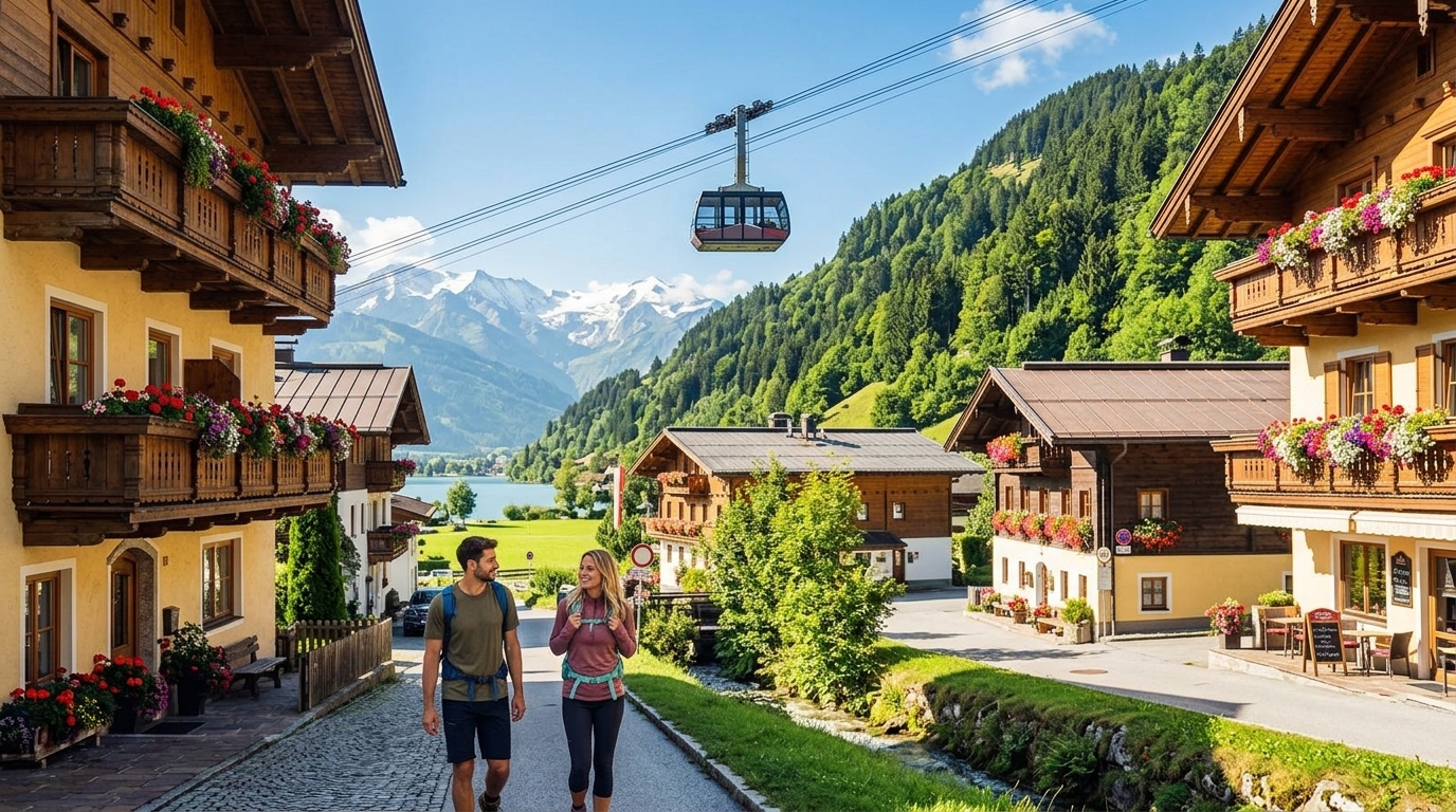 Paar auf einer Dorfstraße zwischen Alpenhäusern, darüber fährt eine Gondel auf den Berg